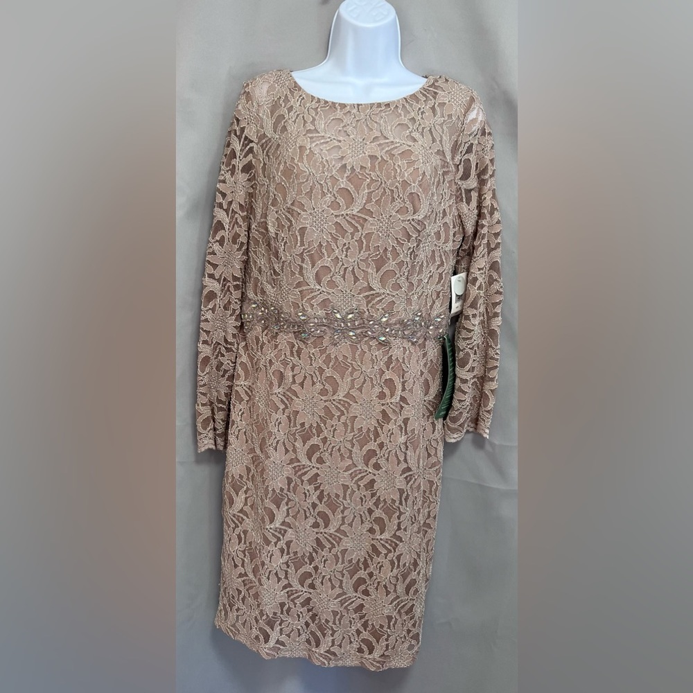 Jackie‎ Jon Champagne Sparkle Lace Beaded Waist Dress, Sz 14 Long Sleeve Women